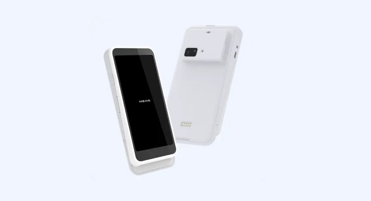 Mews Terminal S 2 payment terminal with a touchscreen device connected to a compact card reader.