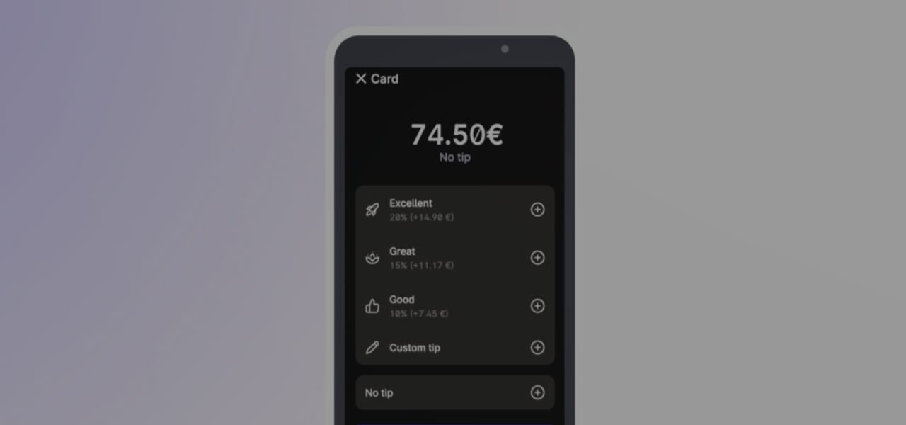 Embedded payment screen showing a €74.50 transaction with tipping options including Excellent, Great, Good, and Custom tip.